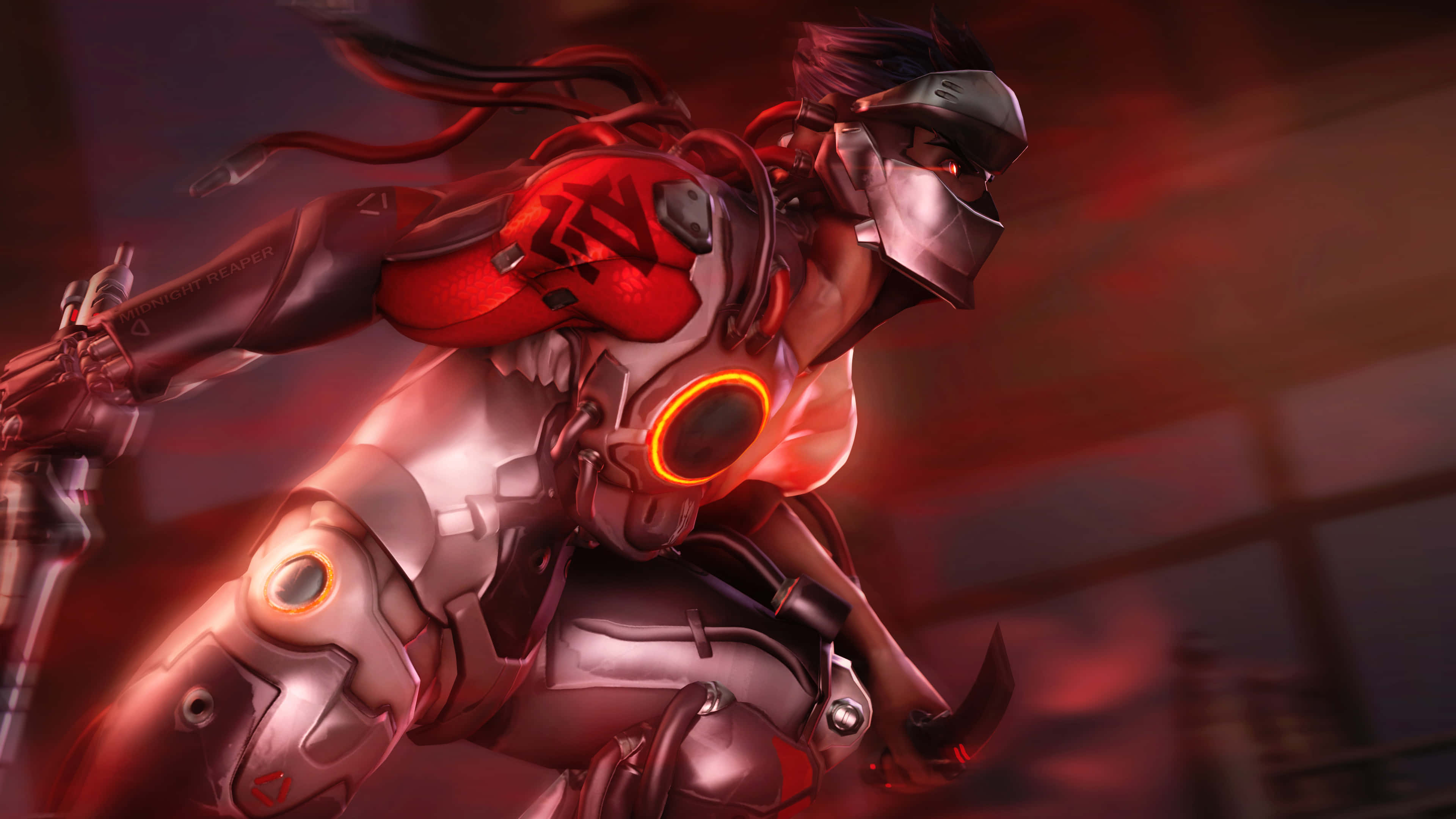 Genji 4K 桌布 壁紙 — 一位身穿紅銀色盔甲的未來戰士，在煙霧瀰漫的紅色背景下，帶著發光的橙色點綴向前衝刺。