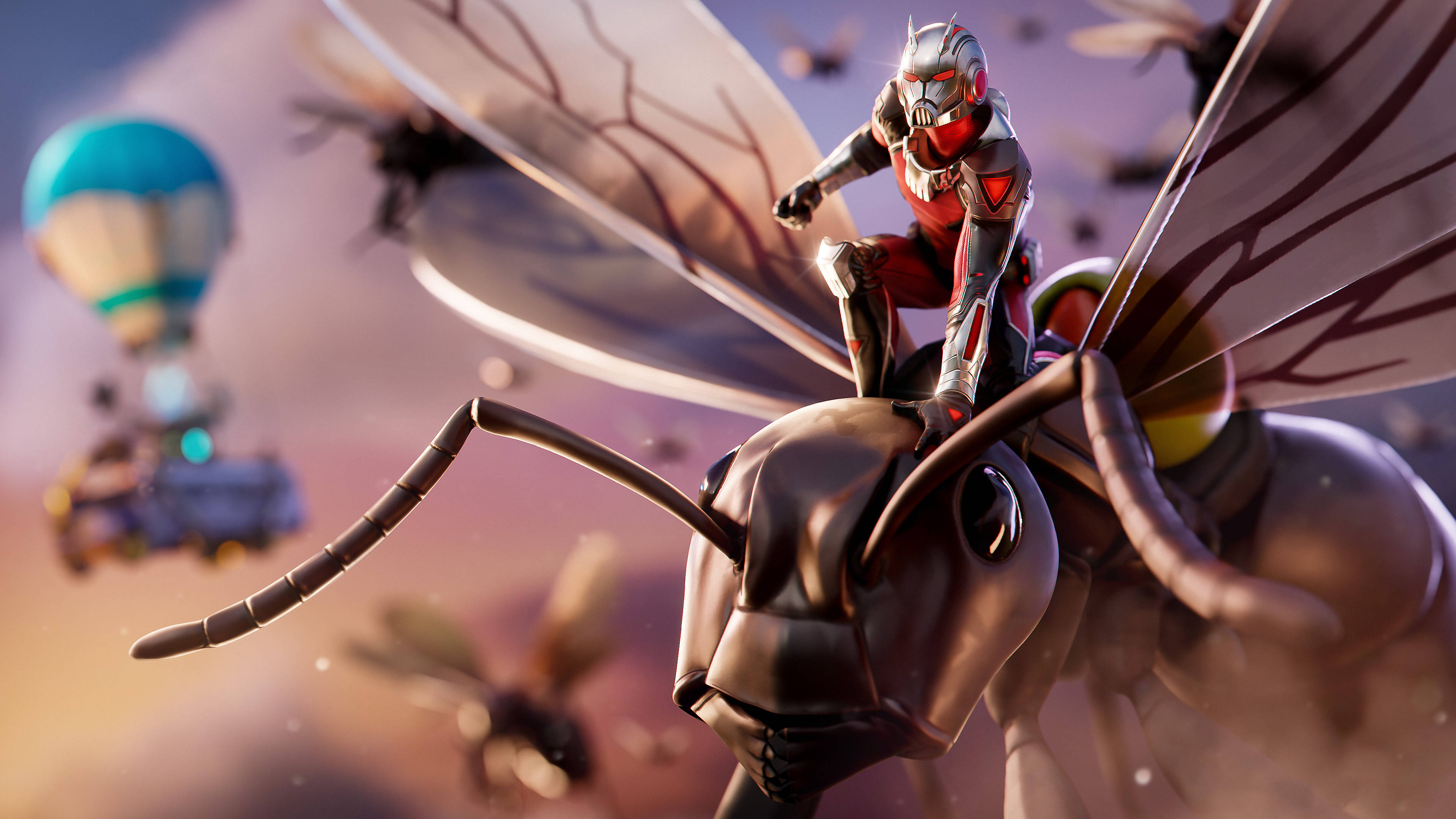 Fortnite iPad 桌布 壁紙 — 一位身穿紅銀色盔甲的超級英雄騎著一隻擁有半透明翅膀的巨型螞蟻，背景是朦朧的日落天空。