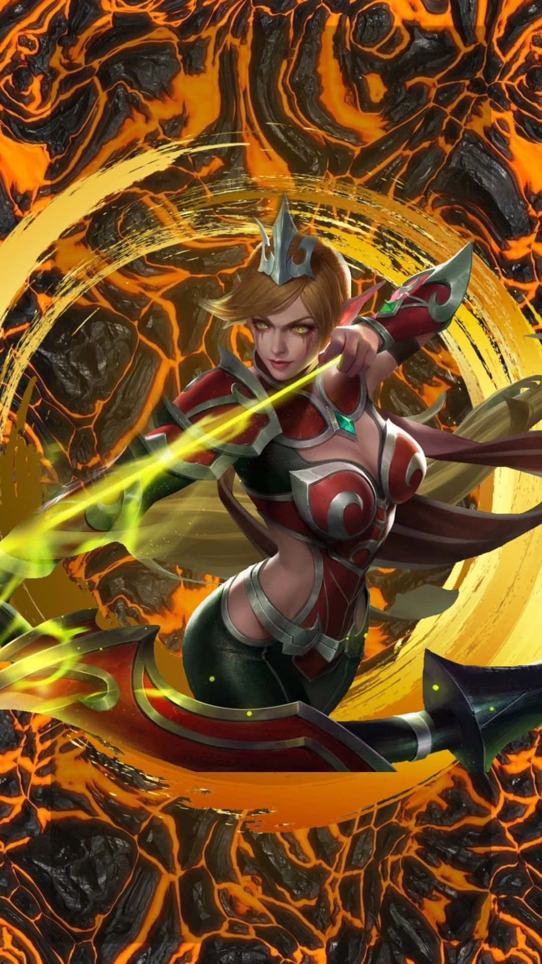 Mobile Legends 動態圖 桌布 壁紙 — 一位身穿紅銀鎧甲的兇猛女戰士，在旋轉的熔岩和熔岩中揮舞著發光的黃色劍。