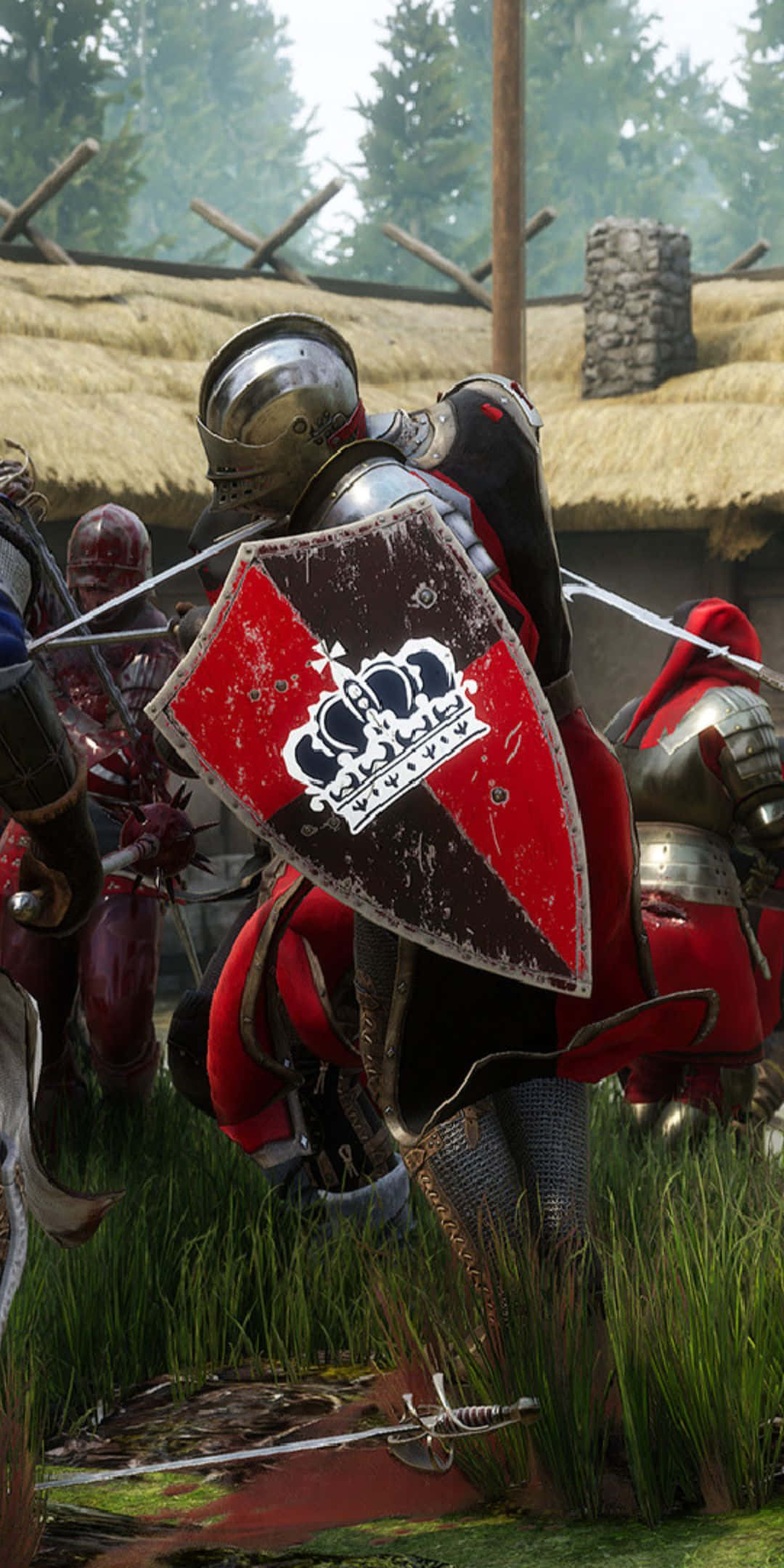Pixel 3 Mordhau 桌布 壁紙 — 一位身穿紅銀鎧甲的騎士，手持飾有三個王冠的盾牌，在長滿青草的中世紀戰場上衝鋒向前。