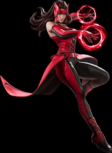 Scarlet Witch 桌布 壁紙 — 一位身穿紅黑套裝的動感女超級英雄在黑色背景前操控發光的紅色能量環。