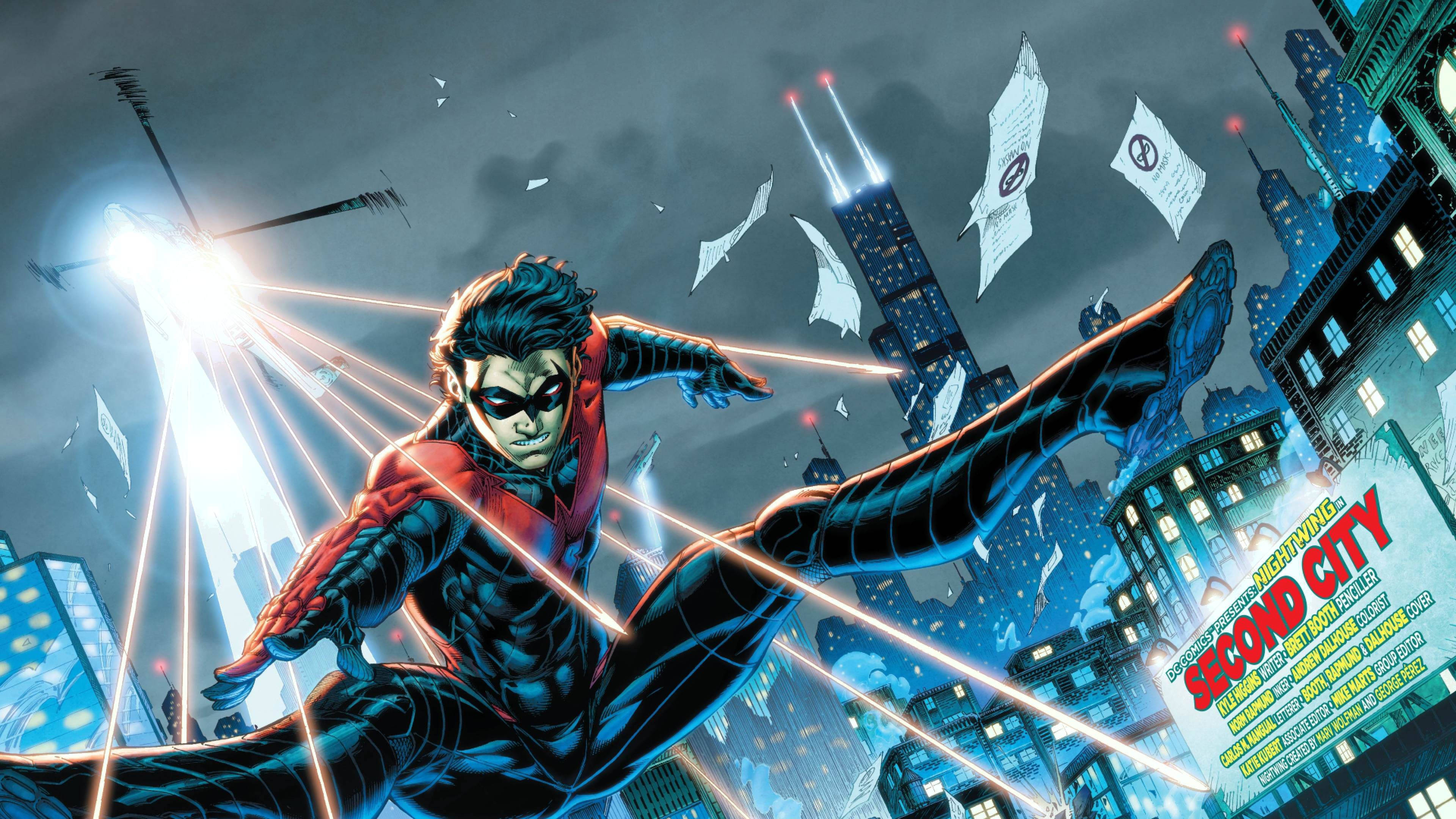 Nightwing 桌布 壁紙 — 一位身穿紅黑套裝的超級英雄在夜晚動態地躍過霓虹燈照亮城市景觀，從手中發射雷射光束。