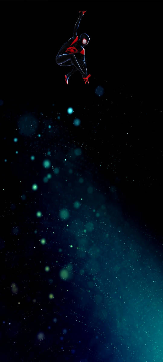 三星 桌布 壁紙 — 一位身穿紅黑套裝的超級英雄在發光的青色粒子和星星的宇宙背景下動態跳躍。