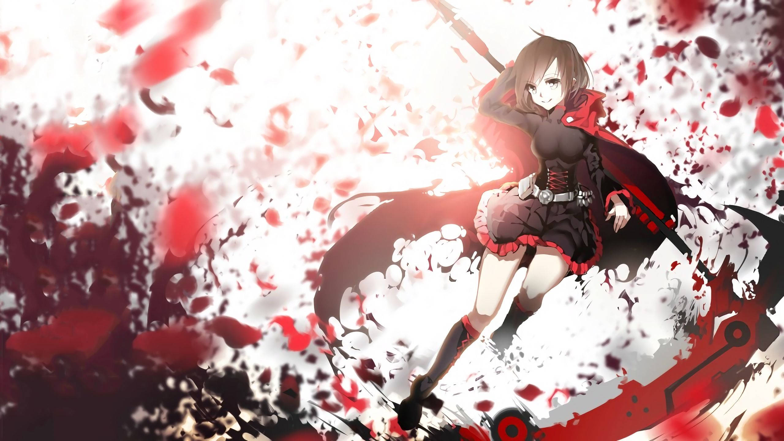 Rwby 桌布 壁紙 — 一位身穿紅黑服裝的動漫女孩在爆炸性的紅色和白色粒子效果中揮舞著劍。