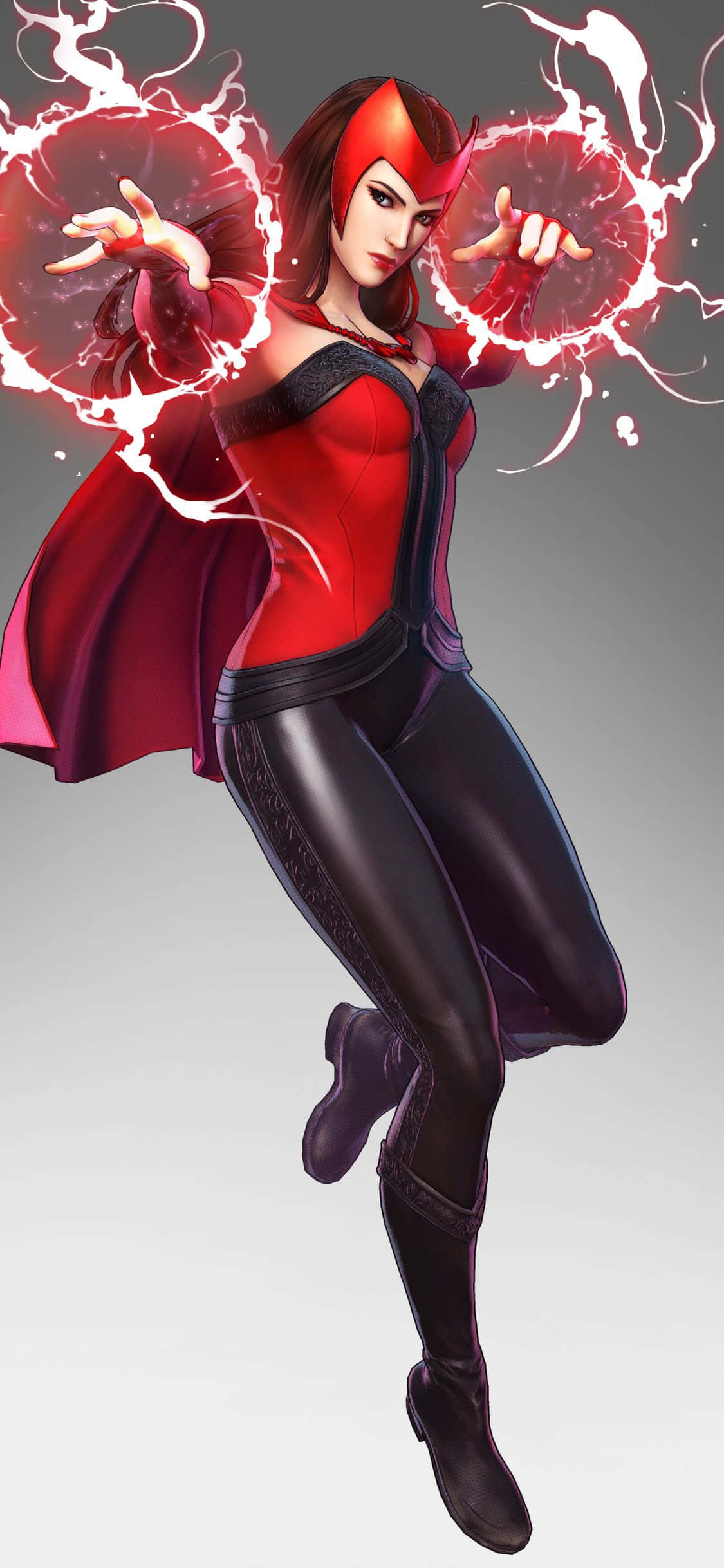 Scarlet Witch 桌布 壁紙 — 一位身穿紅黑服裝的強大女超級英雄，在純灰色背景下從手中釋放出發光的紅色能量球。