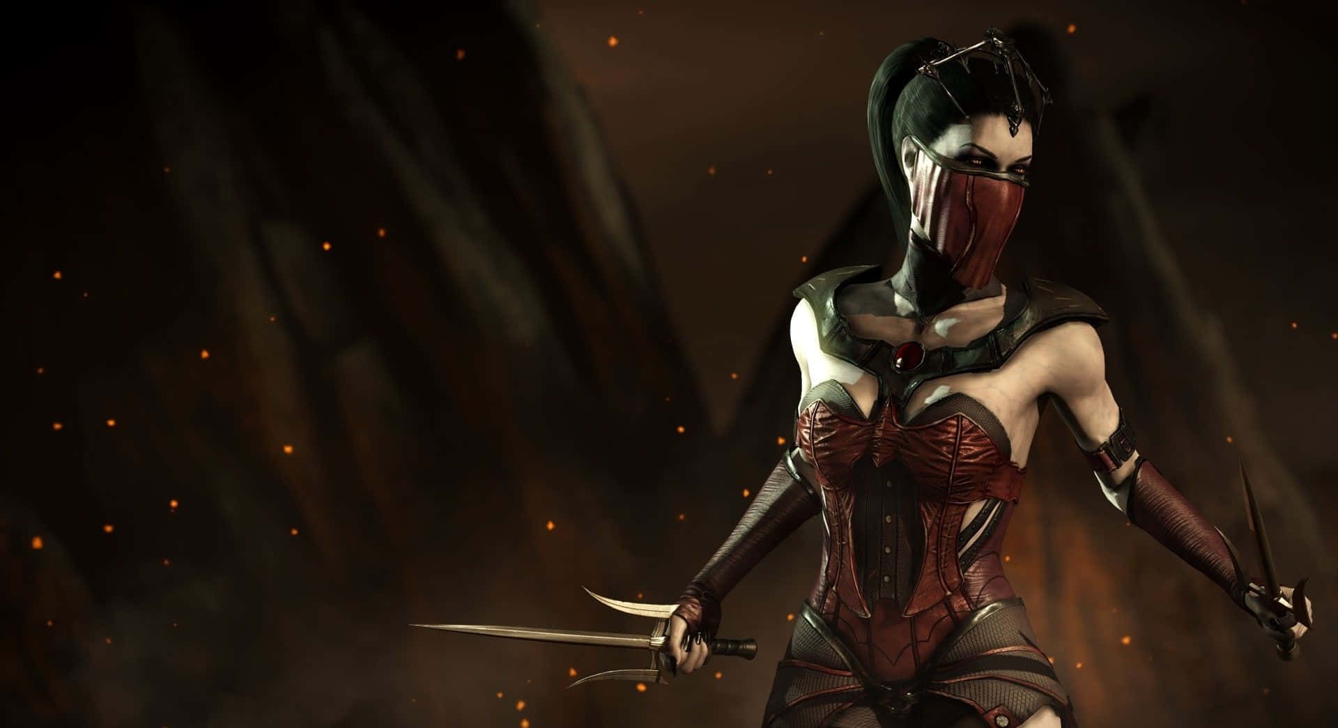 Mortal Kombat Mileena 桌布 壁紙 — 一位身穿紅黑盔甲、戴面具的女戰士，在煙霧瀰漫、火焰熊熊的背景中揮舞著三叉戟和匕首。