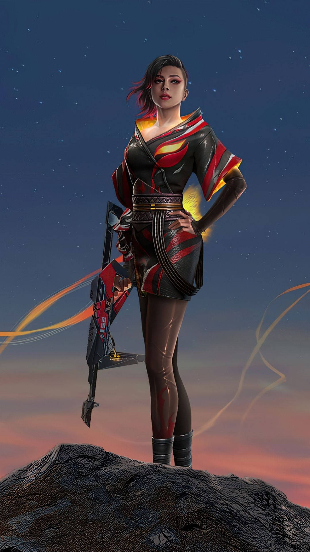 Fire Girl 桌布 壁紙 — 一位身穿紅黑盔甲的兇猛女戰士，在星空暮色下站在岩石山峰上，手持未來步槍。