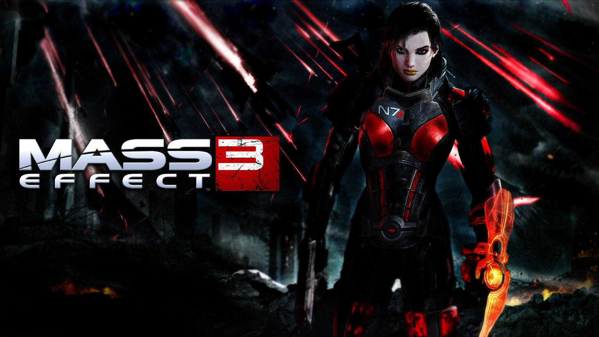 Mass Effect 3 桌布 壁紙 — 一位身穿紅黑盔甲的女戰士，在黑暗的戰場上對抗著紅色能量光束，屹立不搖。