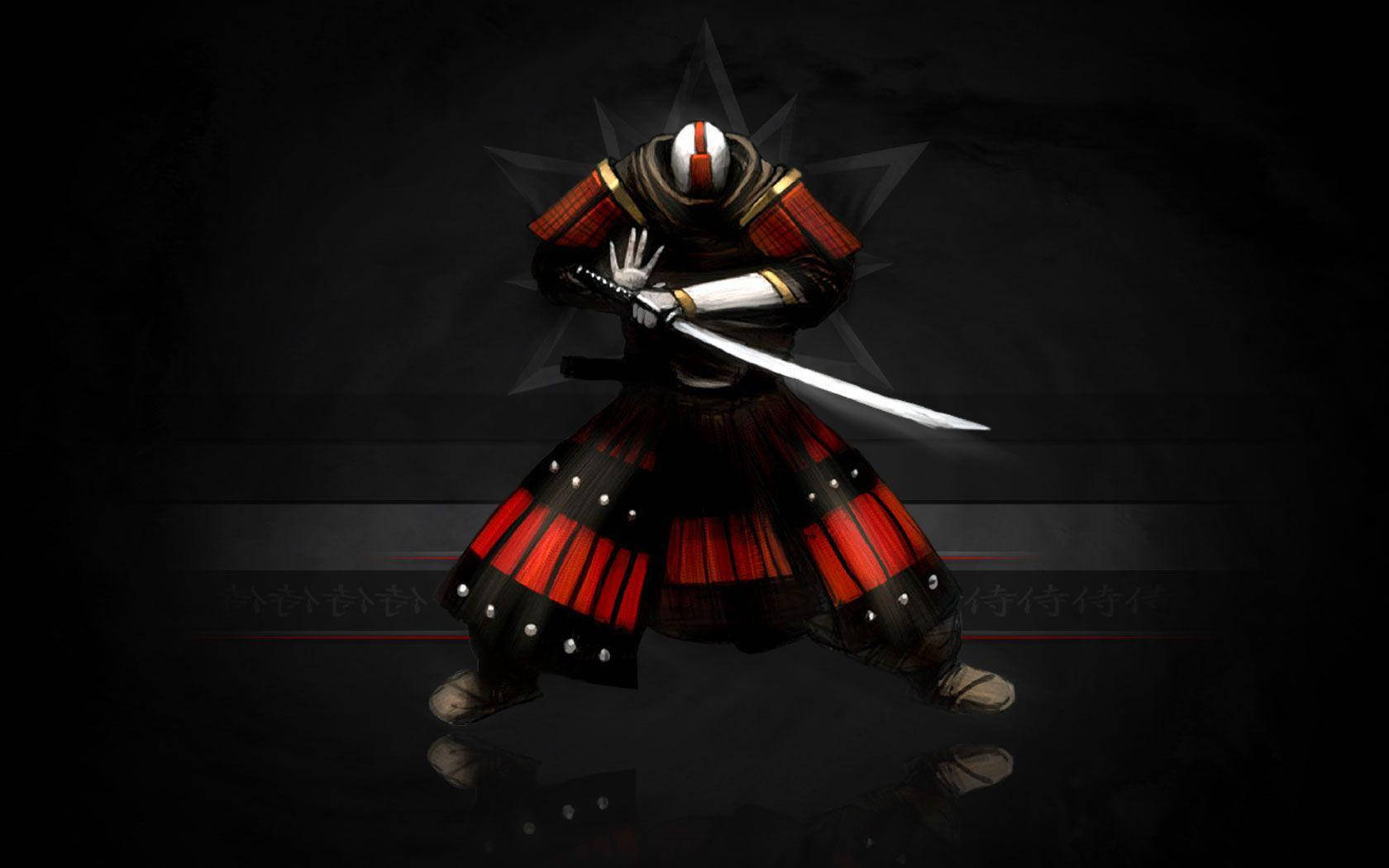 日本武士 桌布 壁紙 — 一位身穿紅黑盔甲的武士，手持武士刀，站在黑暗背景前，帶有星爆和漢字點綴。