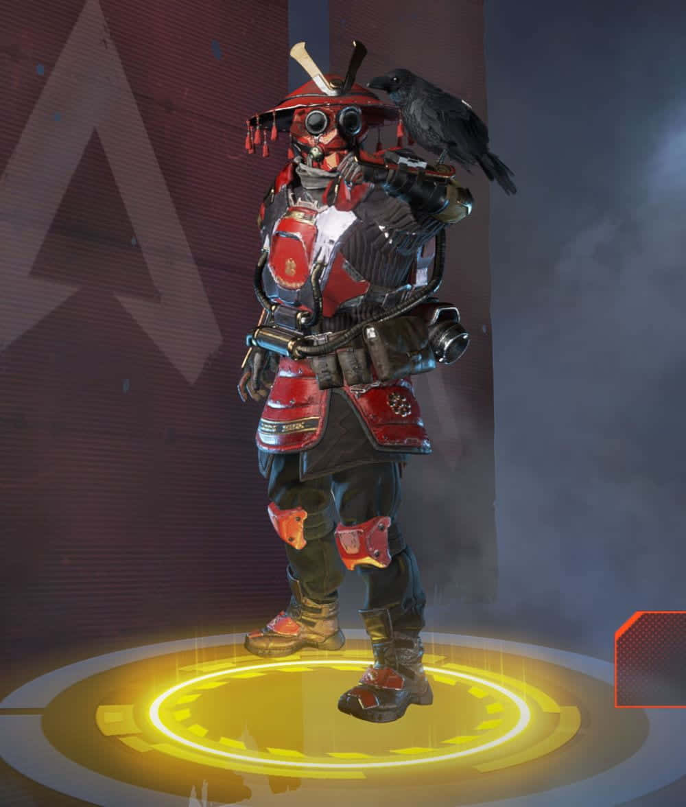 Apex Legends Bloodhound 桌布 壁紙 — 一位身穿紅黑盔甲的武士站在發光的黃色平台上，肩上棲息著一隻烏鴉，背景是深紅色的牆壁。