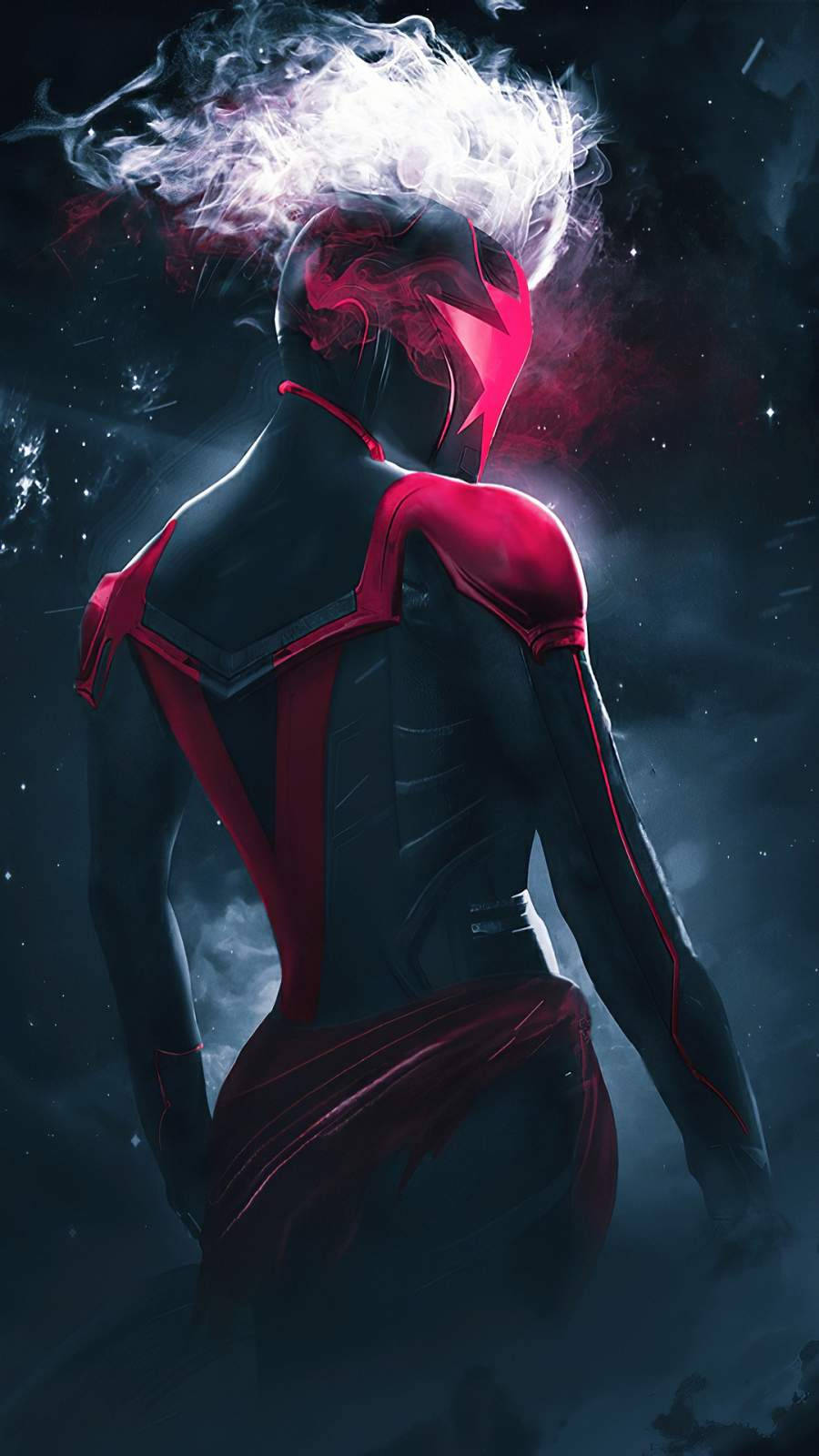 captain marvel iPhone 桌布 壁紙 — 一位身穿紅黑盔甲的超級英雄站在星光宇宙背景下，頭盔中噴發出熾熱的白色能量。