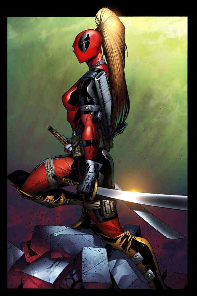 Lady Deadpool 桌布 壁紙 — 一位身穿紅黑緊身衣的女性死侍，在破碎的混凝土上手持武士刀，背景是綠色和紫色的漸變天空。