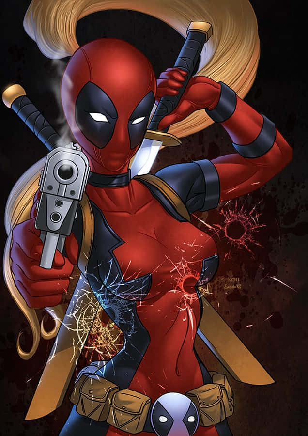 Deadpool And Lady Deadpool 桌布 壁紙 — 一位身穿紅黑緊身衣的女性死侍，在血跡斑斑的黑暗背景下揮舞著冒煙的手槍和武士刀。