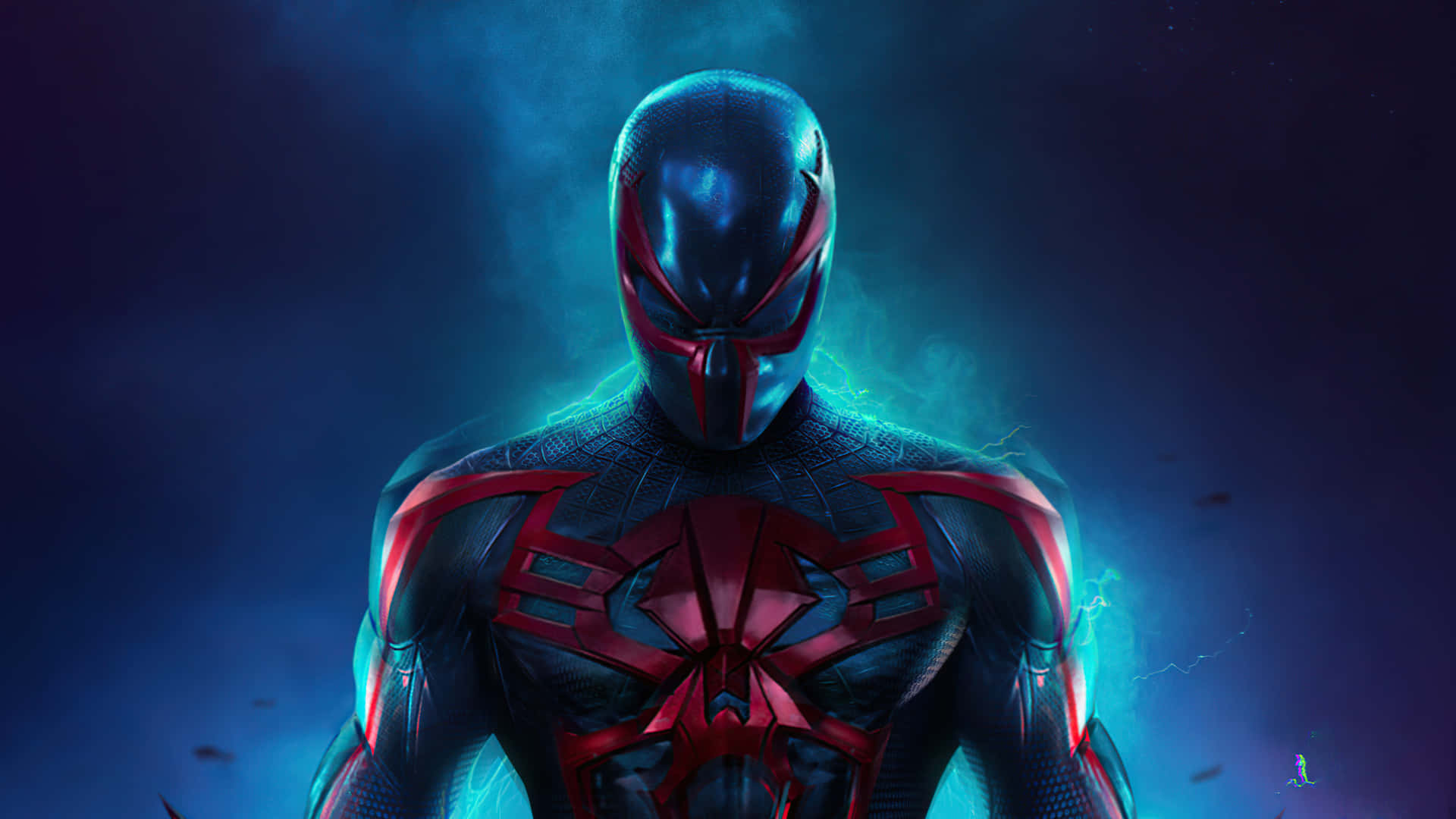 Spider Man 2099 桌布 壁紙 — 一位身穿紅黑色戰衣的超級英雄站在發光的藍紫色宇宙背景前，周圍有電能劈啪作響。