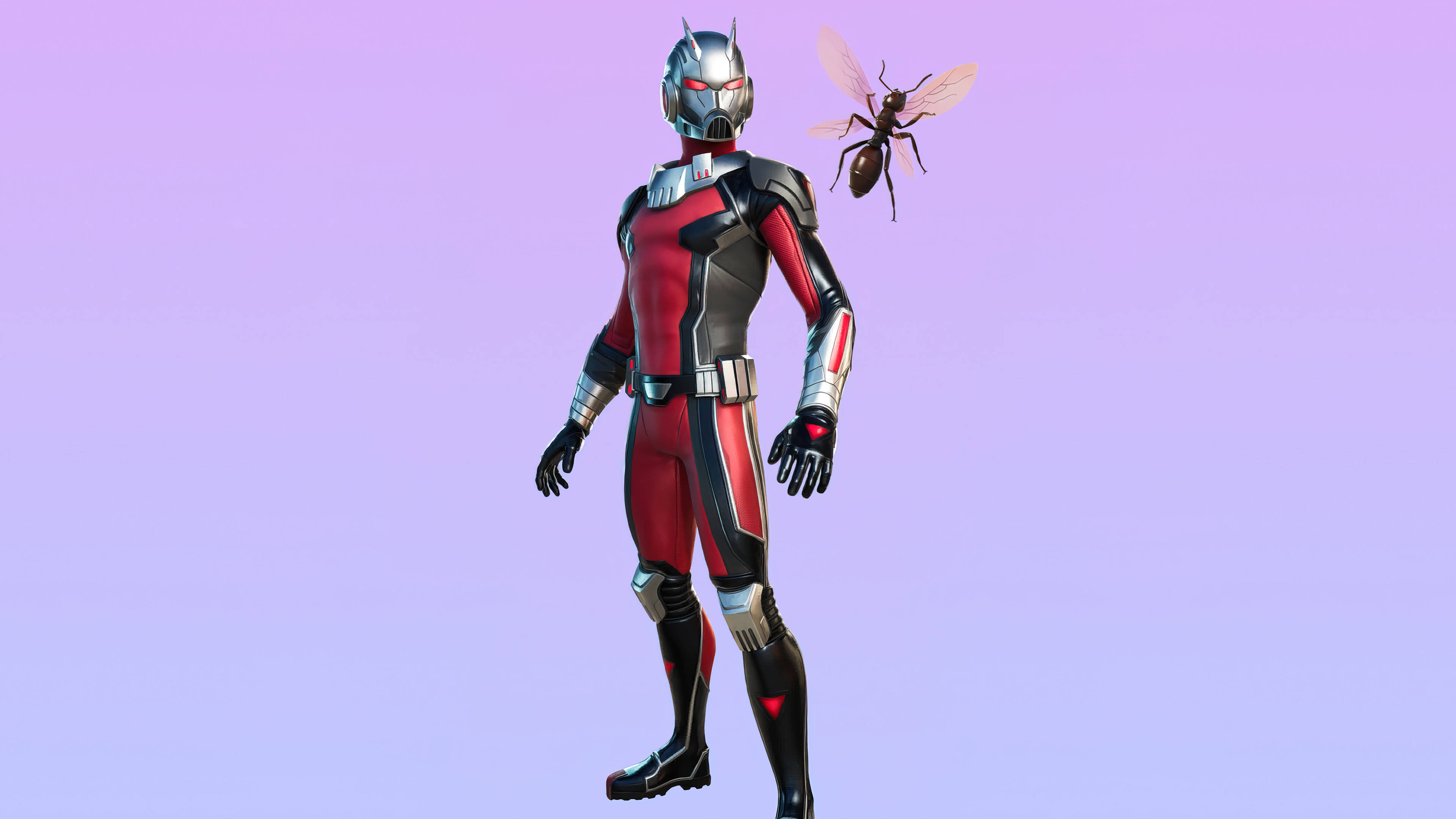 Fortnite 造型 桌布 壁紙 — 一位身穿紅黑銀色套裝的超級英雄站在一隻巨型螞蟻旁邊，背景是柔和的紫色漸變。