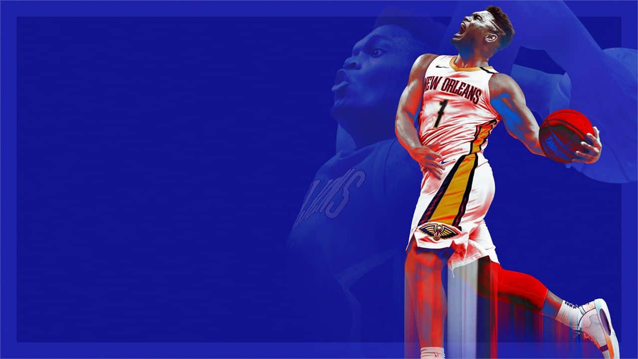 NBA 2k 桌布 壁紙 — 一位身穿紐奧良隊服的動態數位藝術籃球運動員，在深藍色背景上帶著球跳躍，背景中有一個幽靈般的面孔剪影。