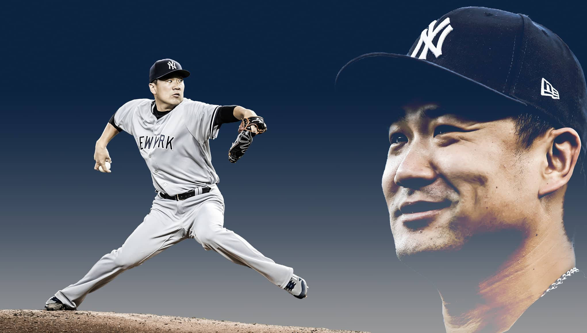 masahiro tanaka 桌布 壁紙 — 一位身穿紐約洋基隊球衣的棒球投手正在投球，旁邊有他微笑的大肖像，背景是深藍色漸變。