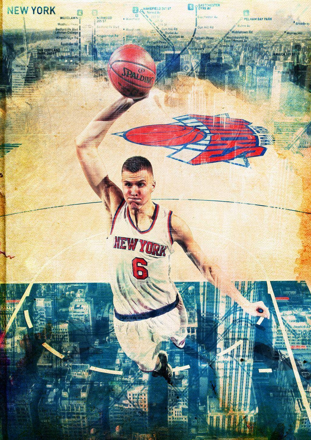 Kristaps Porzingis 桌布 壁紙 — 一位身穿紐約球衣的籃球運動員跳起，在帶有復古紋理的城市地圖背景上灌籃。
