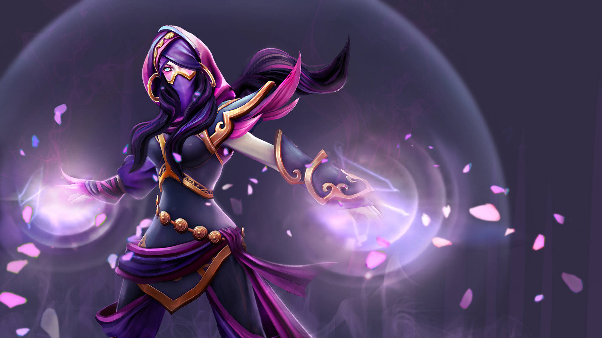 Dota 2 4K 桌布 壁紙 — 一位身穿紫色兜帽的魔法師，長髮飄逸，在黑暗神秘背景下，於飄浮的粉紅花瓣中引導發光的魔法球。