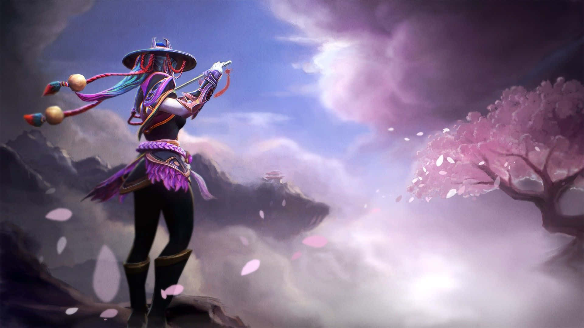1920x1080 Dota 2 桌布 壁紙 — 一位身穿紫色和粉紅色服裝的充滿活力的動漫戰士，在戲劇性的暮色天空下，站在懸崖頂上，周圍有飄落的櫻花。