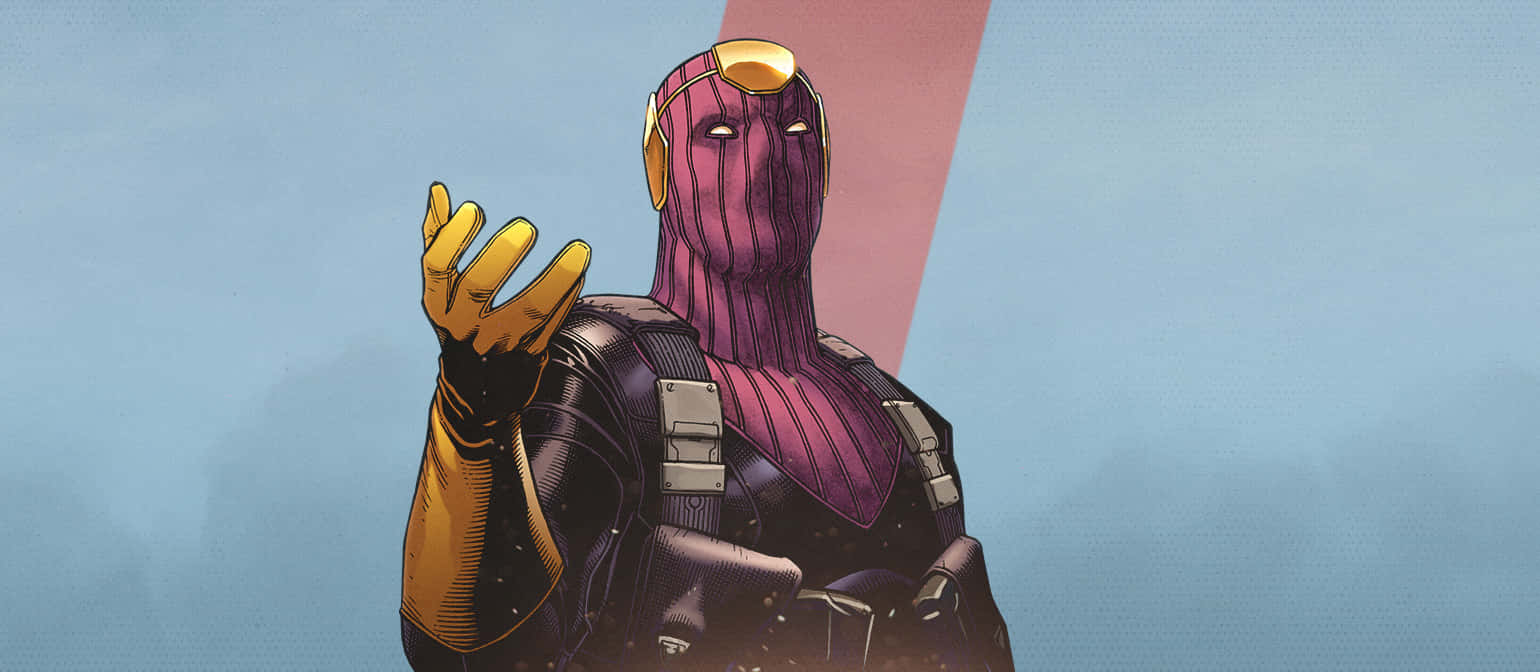 Baron Zemo 桌布 壁紙 — 一位身穿紫色和金色服裝的蒙面超級英雄，在柔和的藍色和粉紅色漸變背景前舉起手。