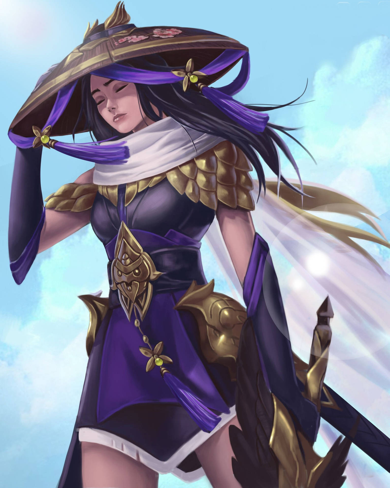 Mobile Legends 動態圖 桌布 壁紙 — 一位身穿紫色和金色盔甲、戴著寬邊帽的寧靜動漫女戰士，站在柔和的藍天下。