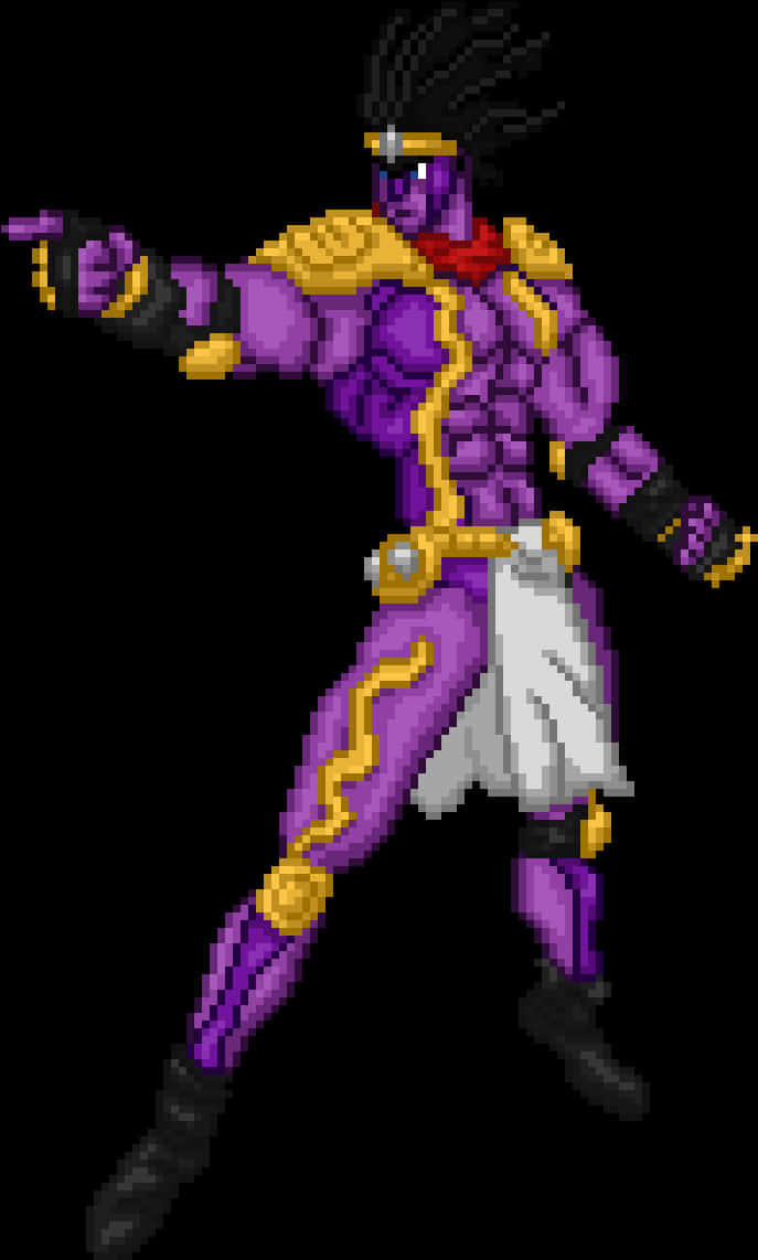 Star Platinum 桌布 壁紙 — 一位身穿紫色和金色盔甲的像素藝術戰士在黑色背景前擺出動態姿勢。