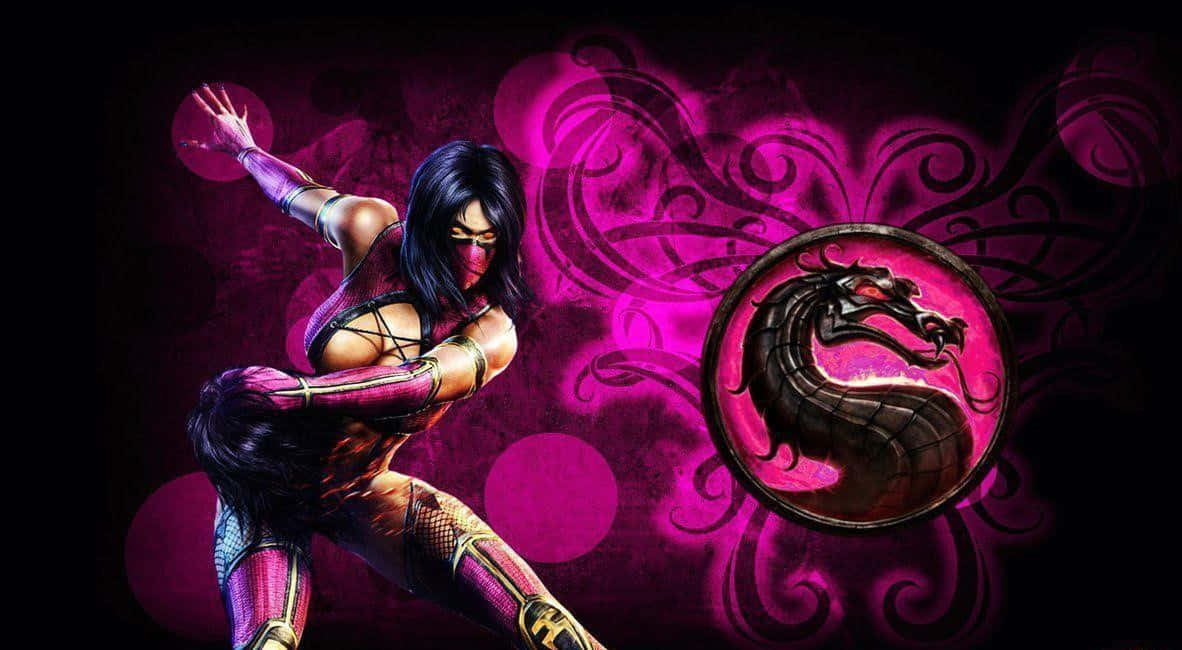 Mortal Kombat Mileena 桌布 壁紙 — 一位身穿紫色和金色盔甲的女性戰士，在旋轉的粉紅色龍紋背景前擺出動態姿勢。
