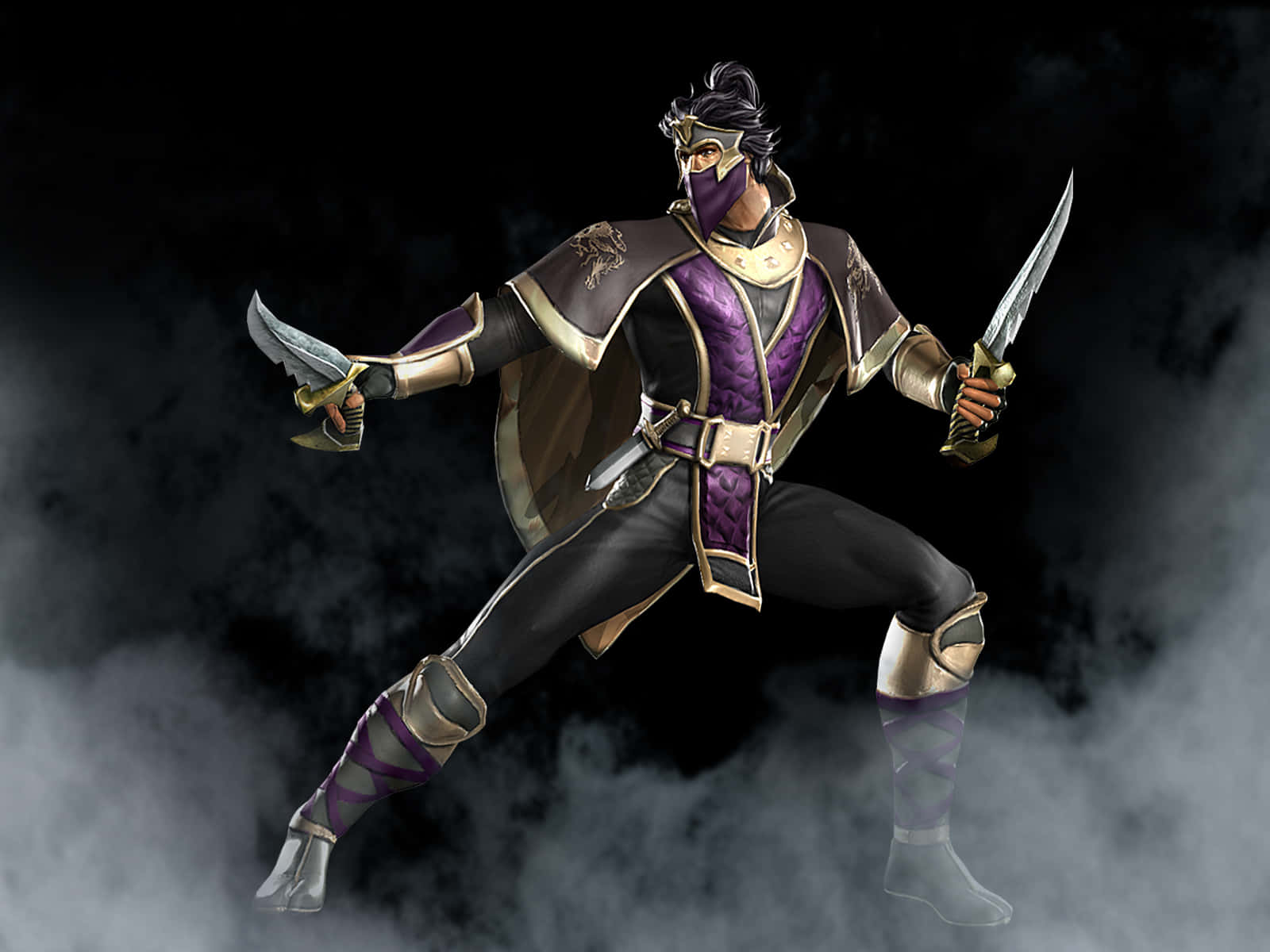 Mortal Kombat Armageddon 桌布 壁紙 — 一位身穿紫色和金色盔甲的忍者戰士，在黑暗背景下揮舞雙刀，周圍煙霧繚繞。