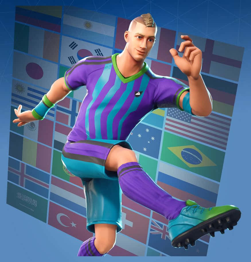 Fortnite Soccer Skin 桌布 壁紙 — 一位身穿紫色和青綠色條紋球衣的數位藝術足球員，在國際旗幟拼貼背景前動態擺姿勢。