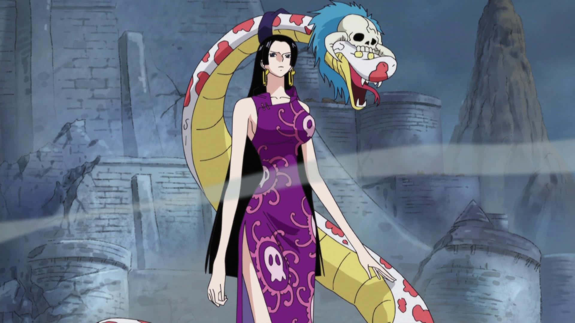 Marineford War 桌布 壁紙 — 一位身穿紫色圖案連衣裙的女性站在一座廢棄的石頭堡壘中，旁邊是一條巨大的蛇頭龍。