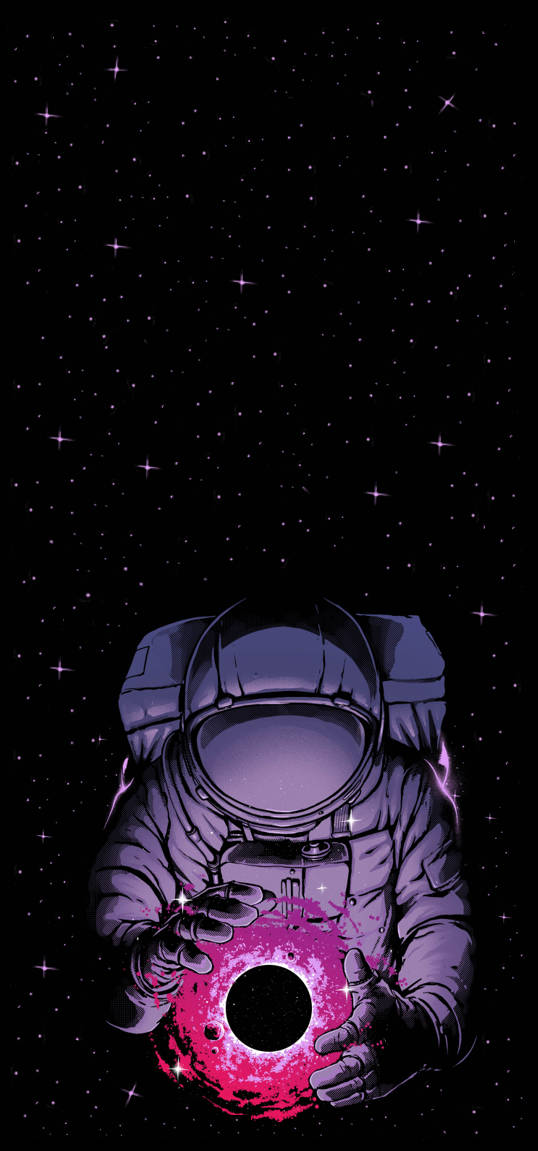 iPhone 桌布 壁紙 — 一位身穿紫色太空衣的太空人，在繁星點點的宇宙背景下，輕輕懷抱著一個發光的粉紅色黑洞。