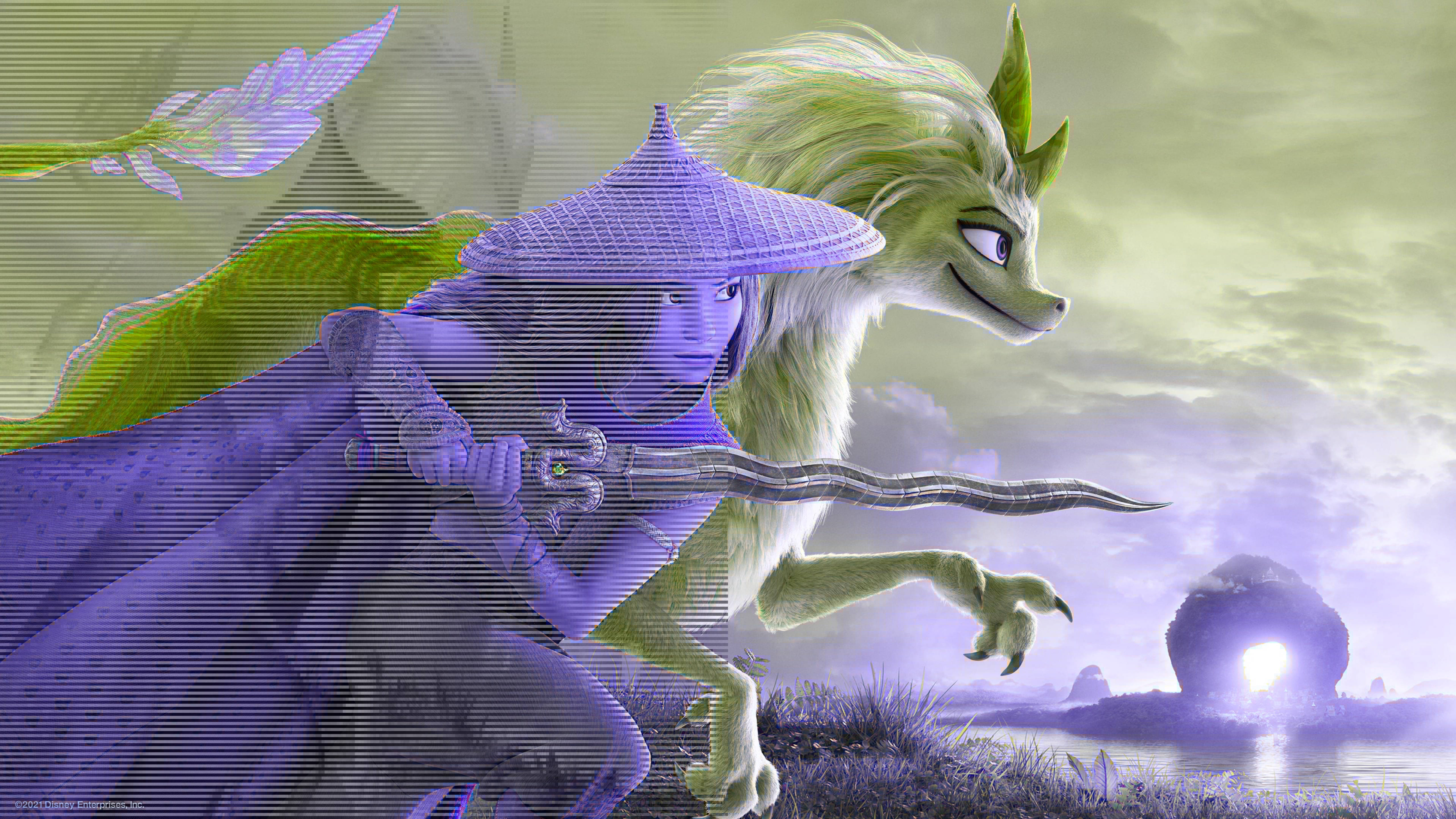 Raya 桌布 壁紙 — 一位身穿紫色戰袍的戰士手持劍，站在一條綠色巨龍旁邊，背景是超現實的暮色景觀，有一個發光的球體。
