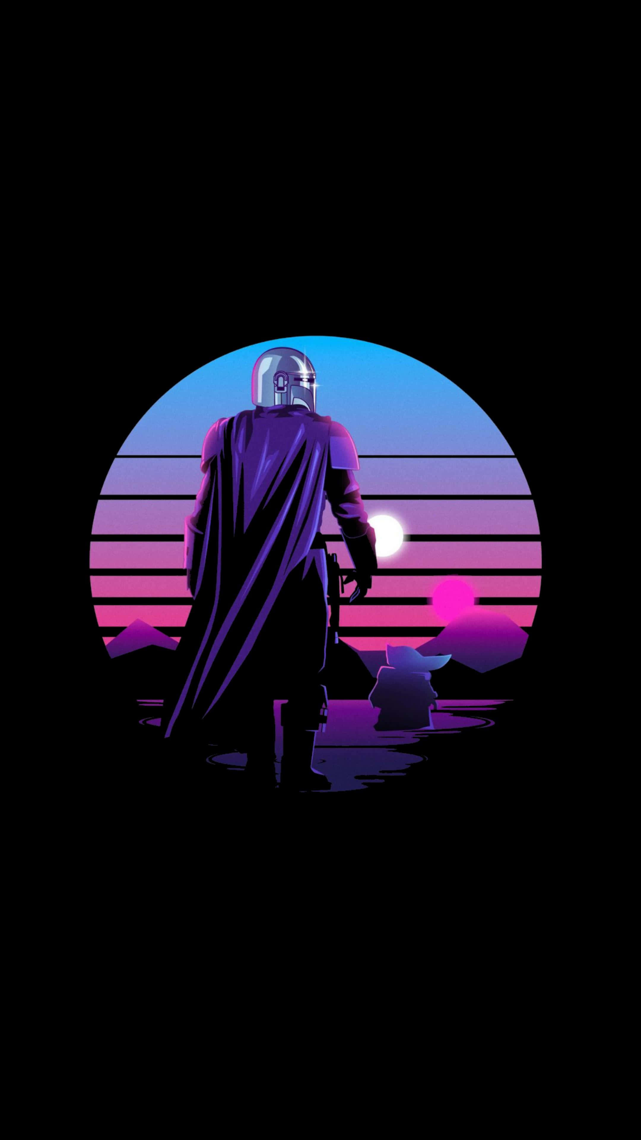 Star Wars Phone 桌布 壁紙 — 一位身穿紫色斗篷的曼達洛人與古古站在充滿活力的復古日落前，背景有水平條紋和發光的月亮。