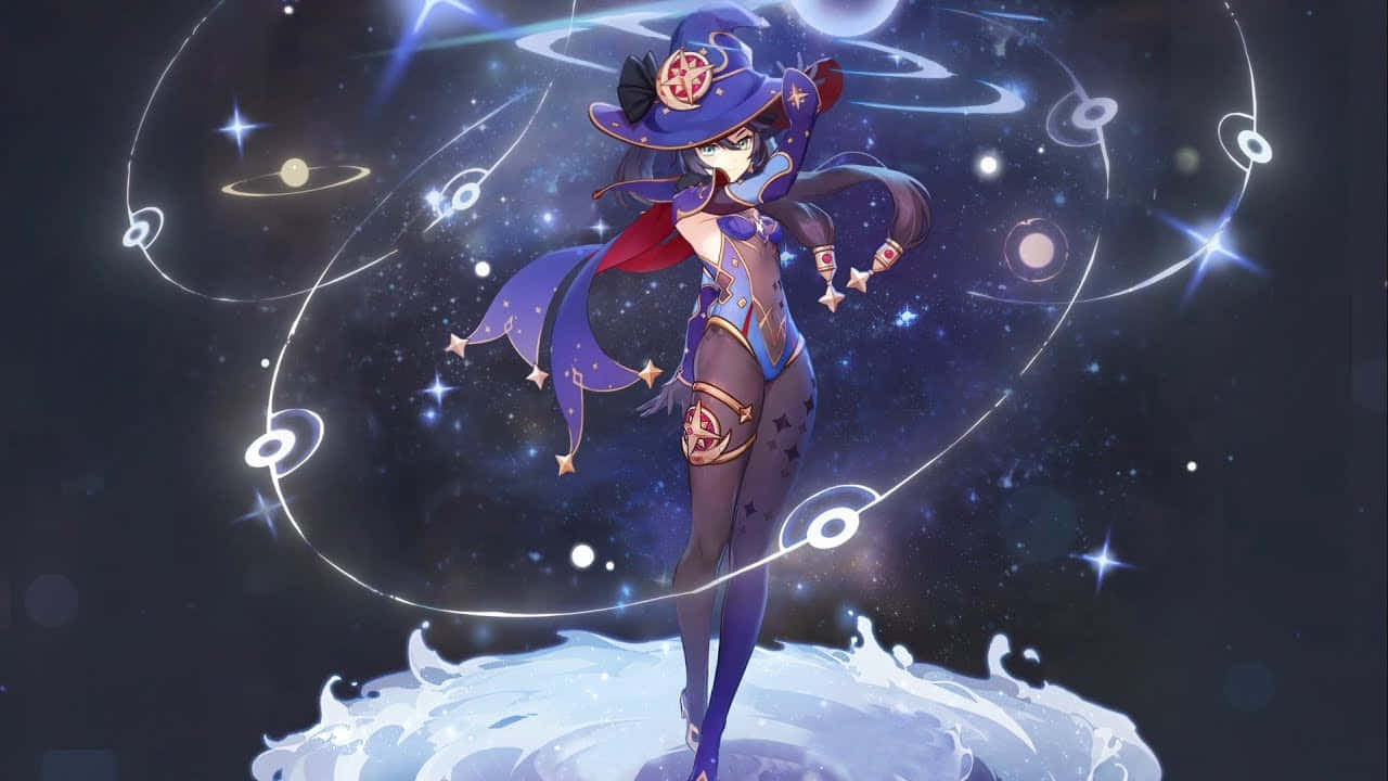 Genshin Impact Mona 桌布 壁紙 — 一位身穿紫色服裝、戴著星星帽子的動漫女孩，站在發光的冰平台上，周圍環繞著宇宙環和閃爍的星星。