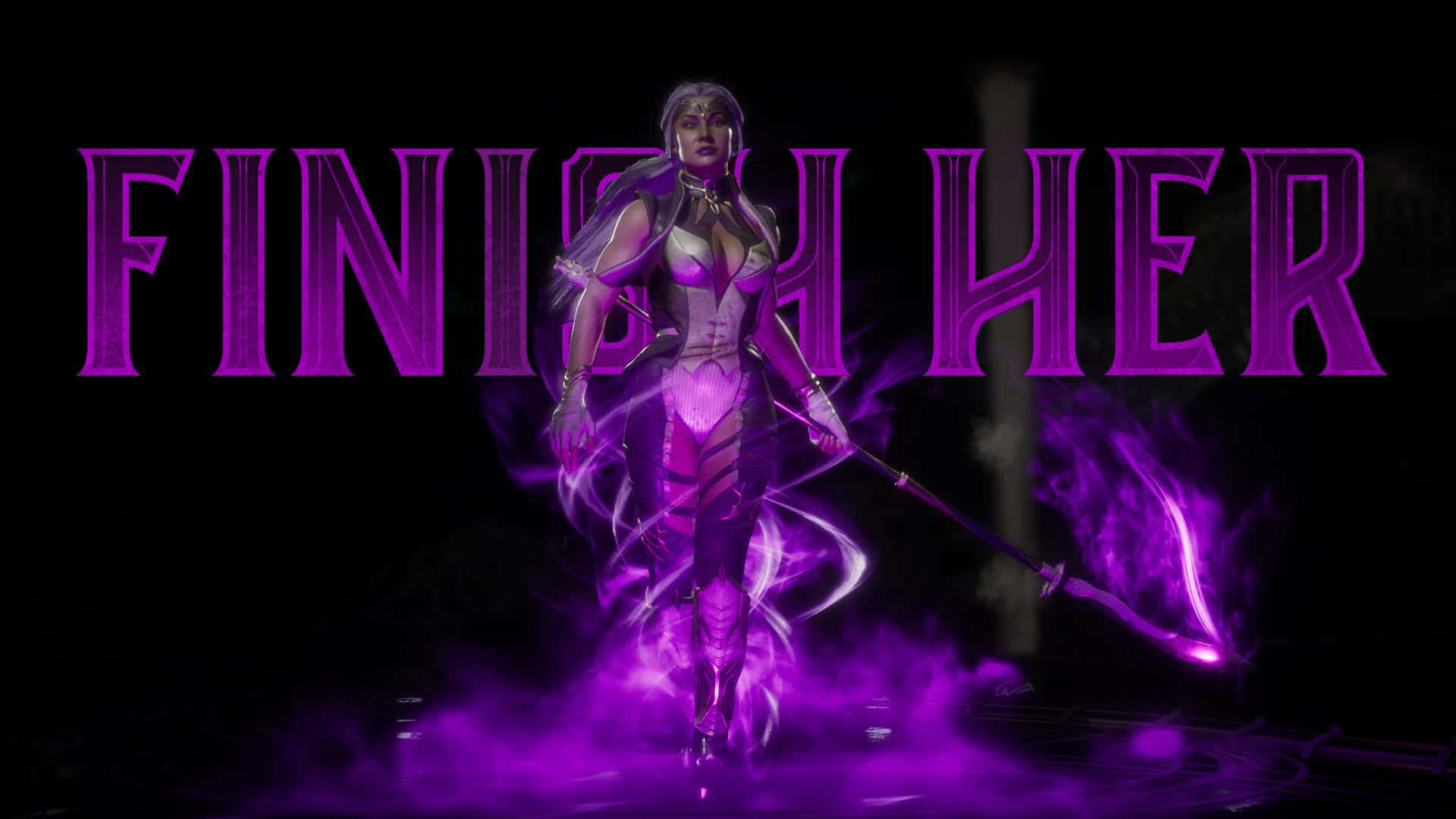 Mortal Kombat Sindel 桌布 壁紙 — 一位身穿紫色服裝的兇猛戰士站在發光的迷霧中，手持燃燒的法杖，身後有「FINISH HER」的文字。