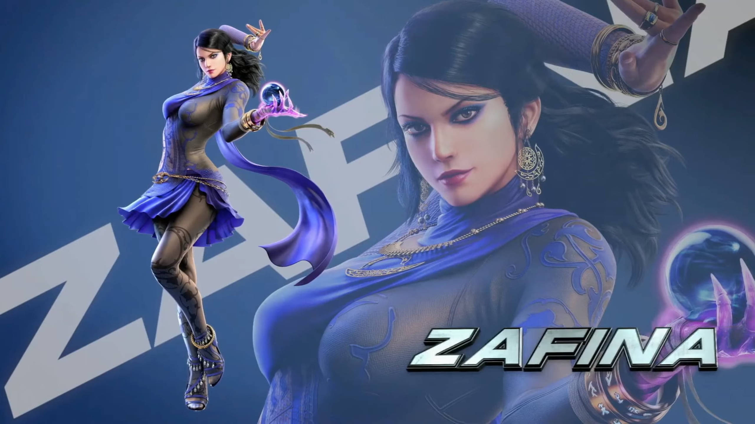 Tekken 桌布 壁紙 — 一位身穿紫色服裝的動漫風格女戰士，在深藍色背景前跳躍，手持發光球體。