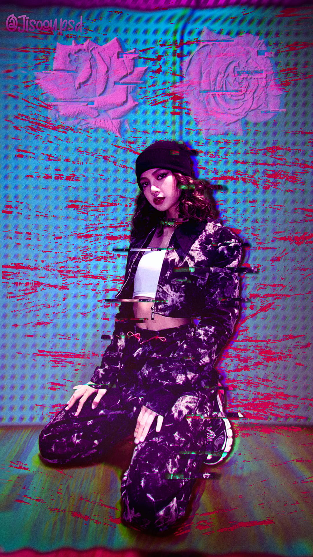 身穿紫色服裝的女性跪著，背景有故障效果和粉紅玫瑰。 — BLACKPINK Lisa GIF 壁紙