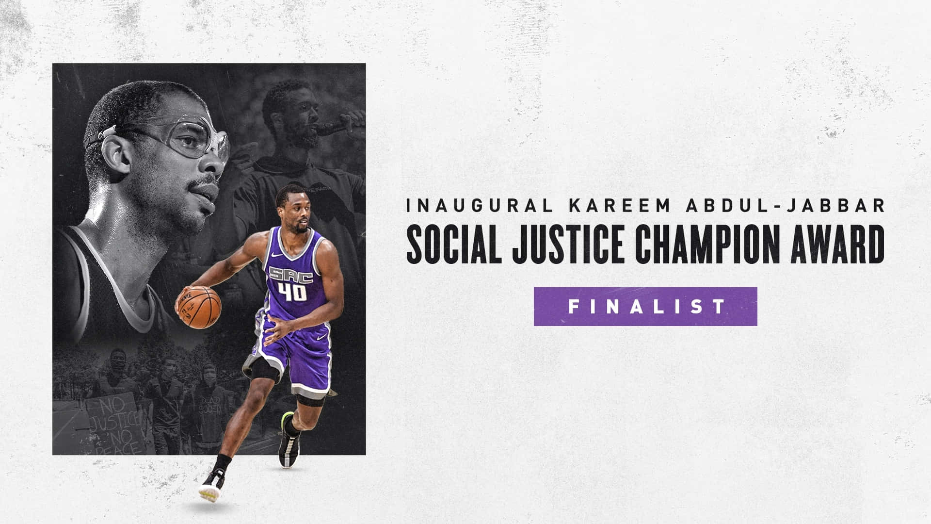NBA 桌布 壁紙 — 一位身穿紫色球衣的籃球運動員正在運球，而卡里姆·阿卜杜爾·賈巴爾的黑白肖像在他身後若隱若現。
