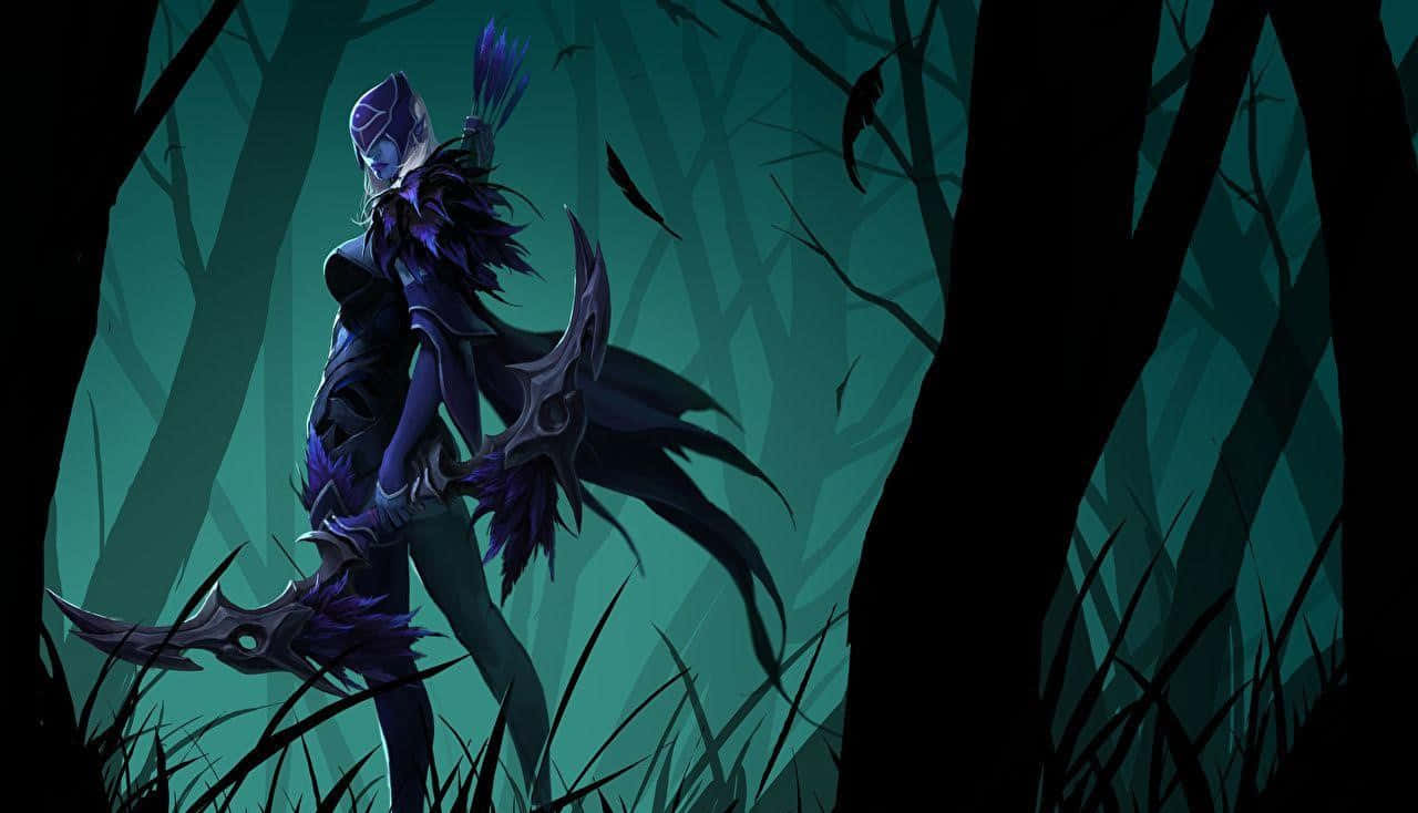 Drow Ranger 桌布 壁紙 — 一位身穿紫色盔甲、手持羽毛武器的黑暗奇幻戰士，站在陰暗的藍綠色森林中，樹木呈現剪影。