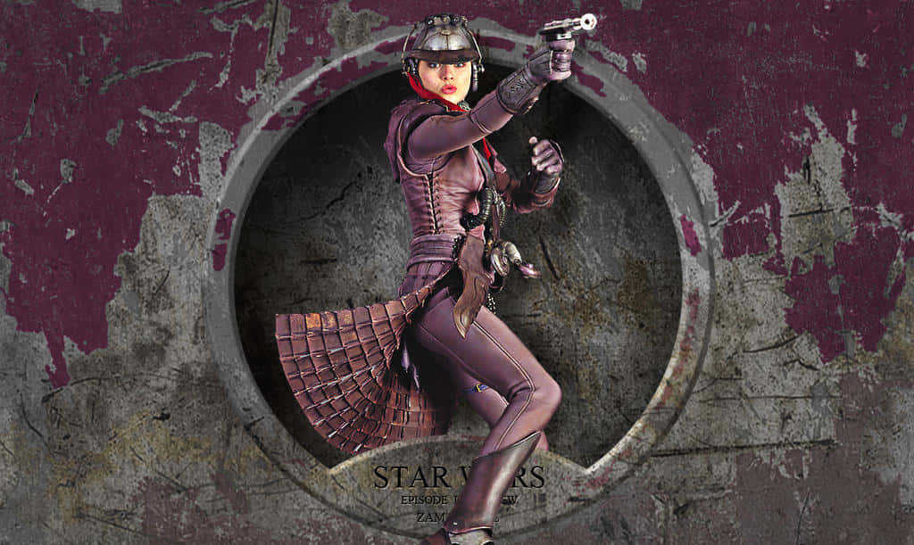 Zam Wesell 桌布 壁紙 — 一位身穿紫色盔甲的女戰士在圓形門口內，用爆能槍瞄準一面風化的栗色和灰色牆壁。