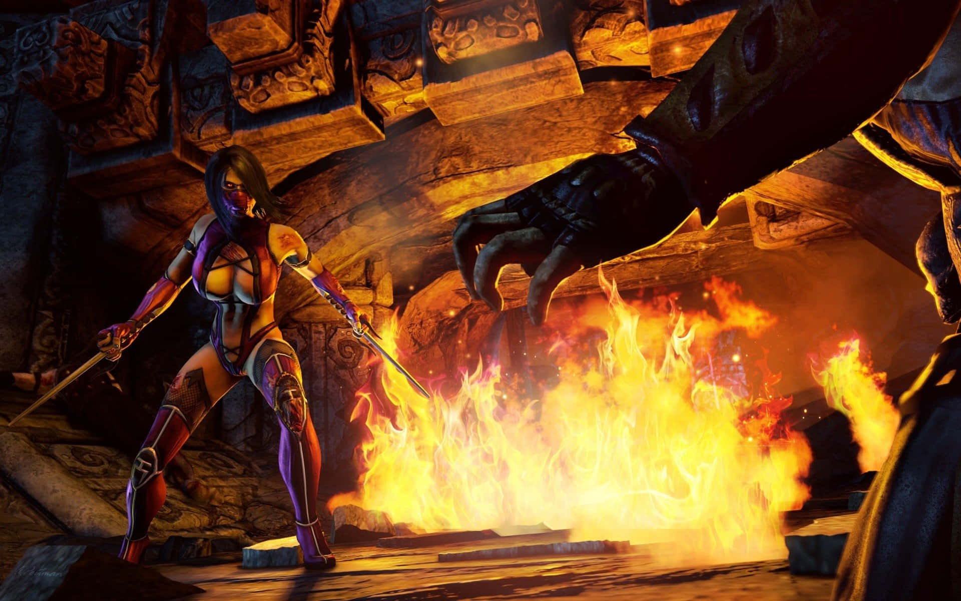 Mortal Kombat Mileena 桌布 壁紙 — 一位身穿紫色盔甲的女戰士手持雙劍，蓄勢待發，而一隻巨手在石頭廢墟中籠罩著咆哮的火焰。