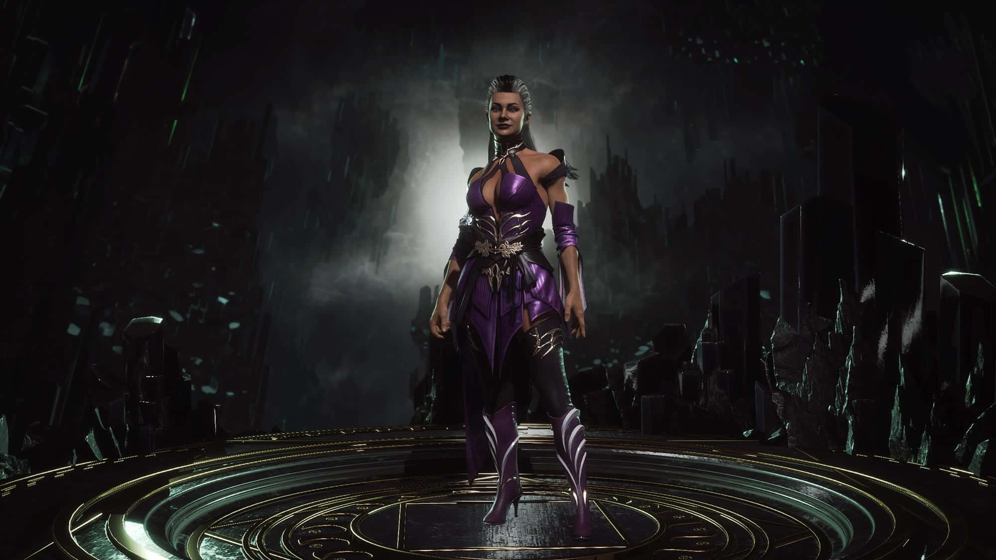Mortal Kombat Sindel 桌布 壁紙 — 一位身穿紫色盔甲的女戰士自信地站在發光的圓形平台上，背景是黑暗的未來城市景觀。