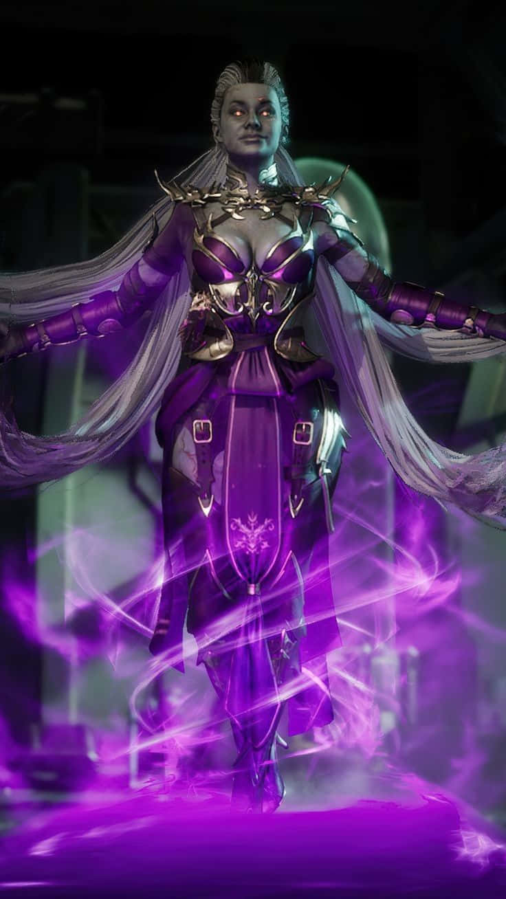 Mortal Kombat Sindel 桌布 壁紙 — 一位身穿紫色盔甲的威嚴奇幻戰士，立於旋轉的魔法能量之中，雙眼發光，披風飄逸。