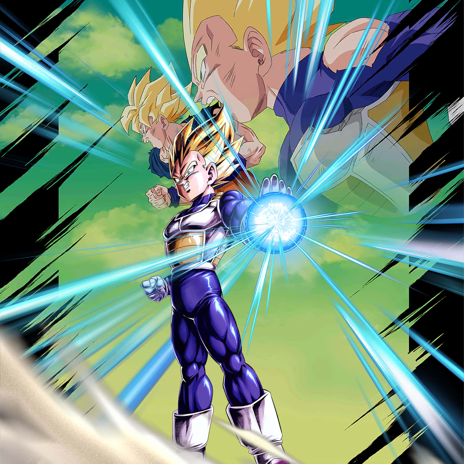 Cool Vegeta 桌布 壁紙 — 一位身穿紫色盔甲的強大動漫戰士，在綠色天空下，以動態動作線引導發光的藍色能量爆炸。