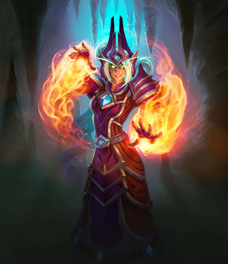 Pixel 3 Hearthstone 桌布 壁紙 — 一位身穿紫色盔甲的強大精靈法師在黑暗洞穴中引導火焰魔法，周圍有發光的藍色冰層。
