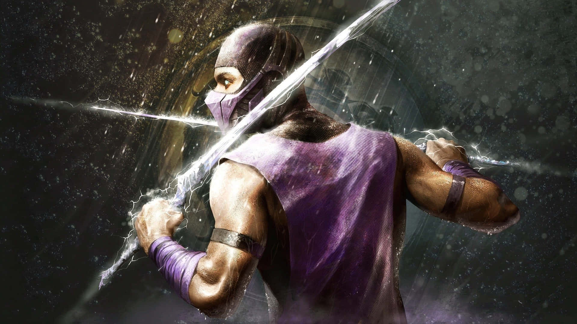 Mortal Kombat Characters 桌布 壁紙 — 一位身穿紫色盔甲的面具戰士在黑暗的宇宙環境中引導劈啪作響的閃電能量。