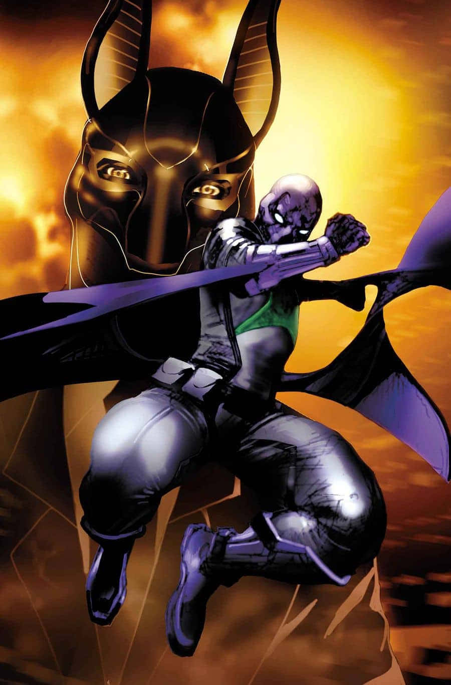 The Jackal 桌布 壁紙 — 一位身穿紫色緊身衣的超級英雄在火橙色的天空下動態跳躍，背後有一個巨大的金色胡狼頭人物聳立。