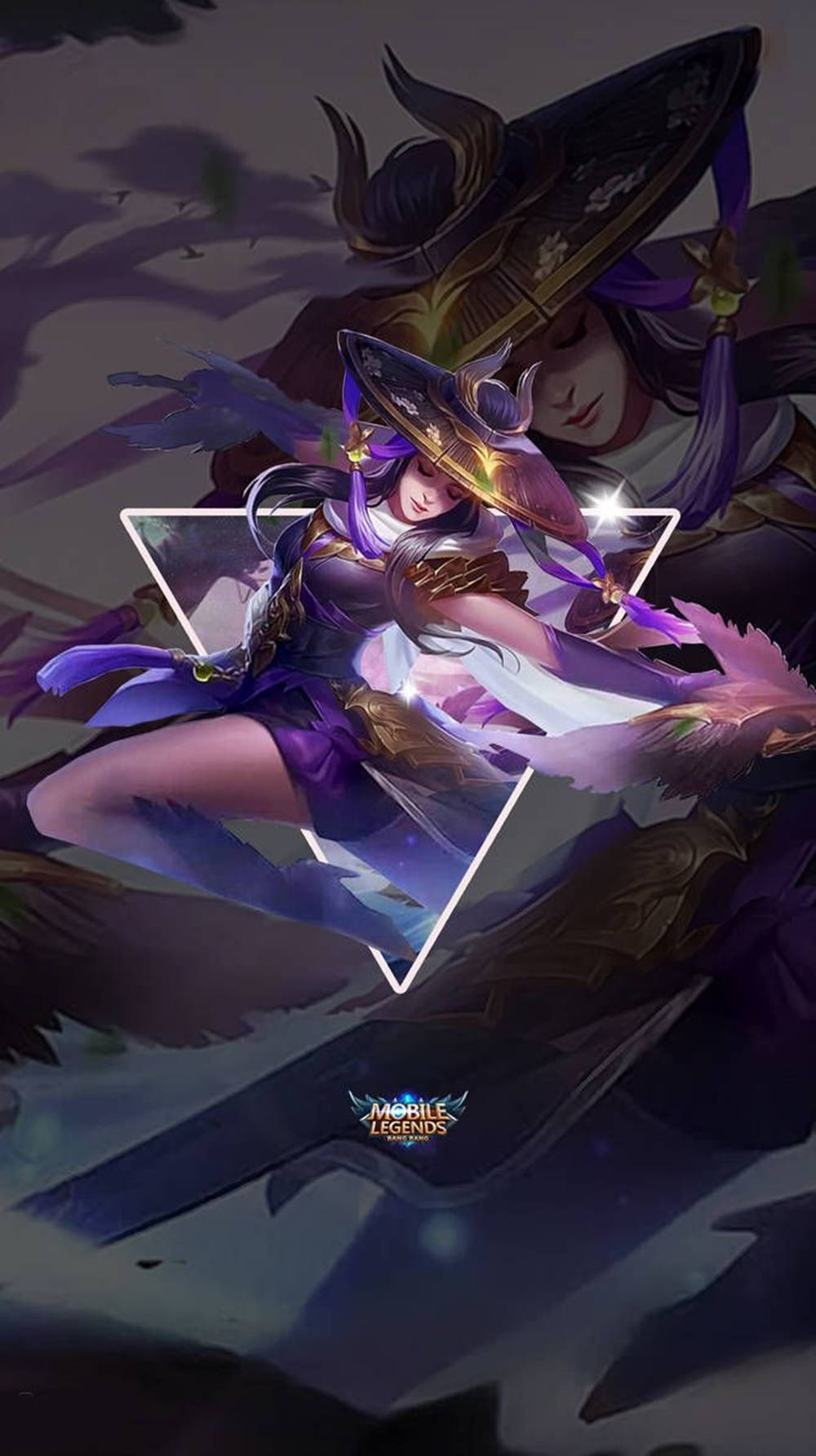 Mobile Legends 動態圖 桌布 壁紙 — 一位身穿紫色衣服的動漫戰士，手持發光的劍，在黃昏時分的神秘森林中蓄勢待發。