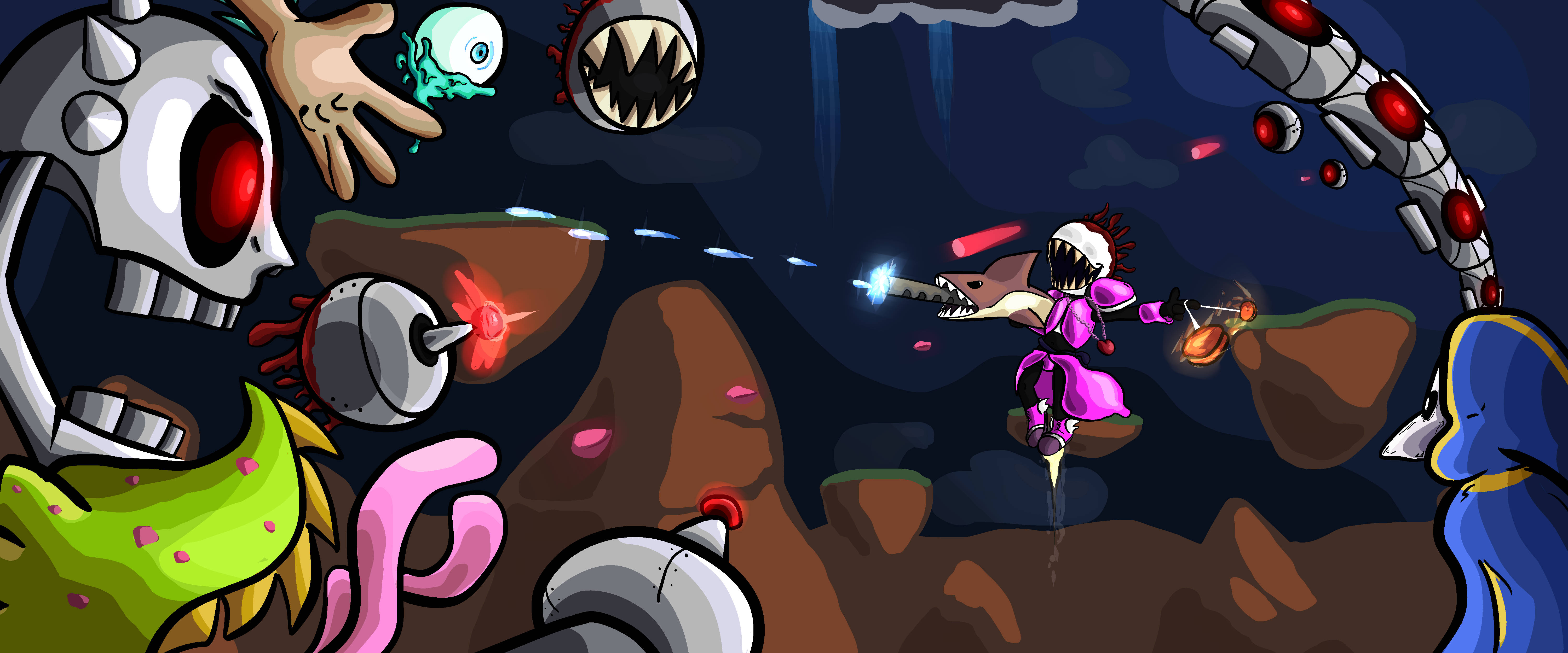 Terraria Moon Lord 桌布 壁紙 — 一位身穿紫色衣服的戰士在一個黑暗洞穴般的地牢中，向怪物敵人發射能量衝擊波，地牢中有浮動平台。